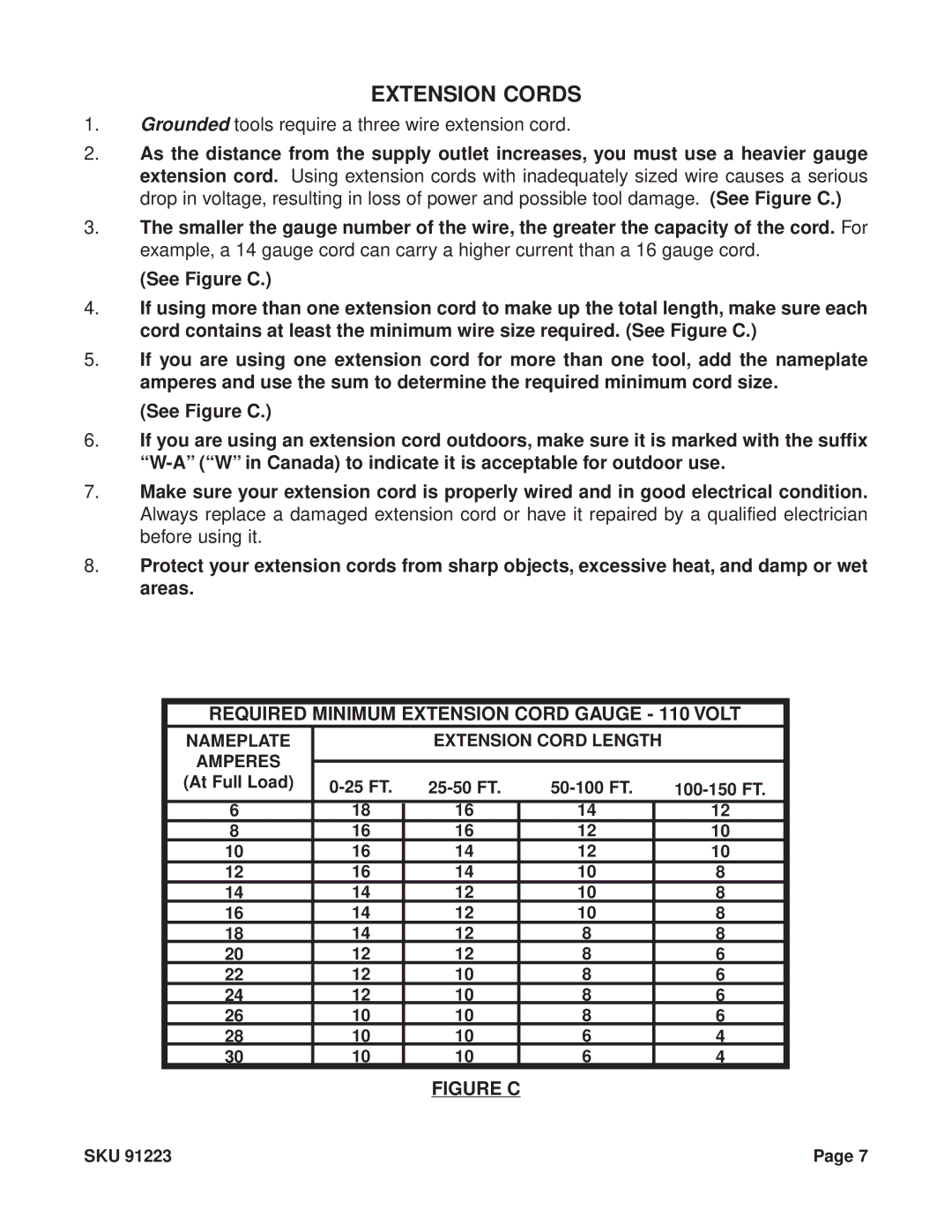 Harbor Freight Tools 91223 operating instructions Extension Cords, Figure C 