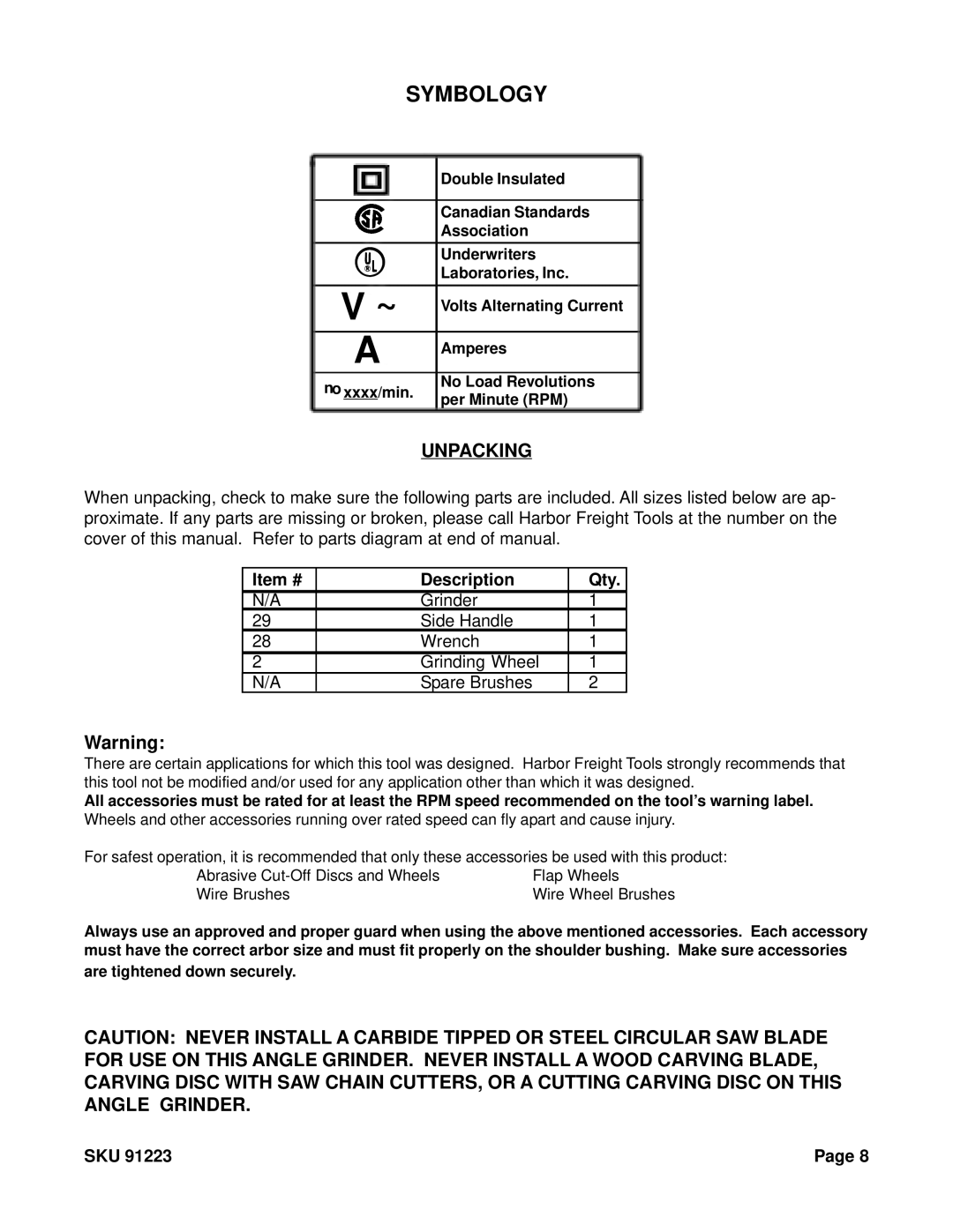 Harbor Freight Tools 91223 operating instructions Symbology, Unpacking 