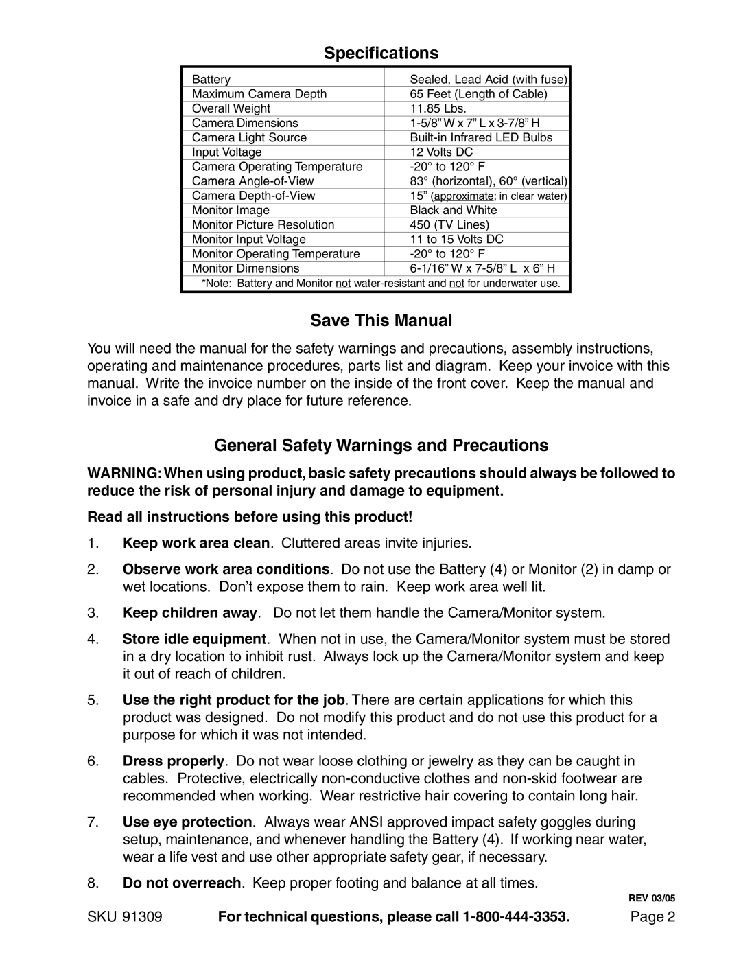 Harbor Freight Tools 91309 operating instructions Specifications, Save This Manual, General Safety Warnings and Precautions 