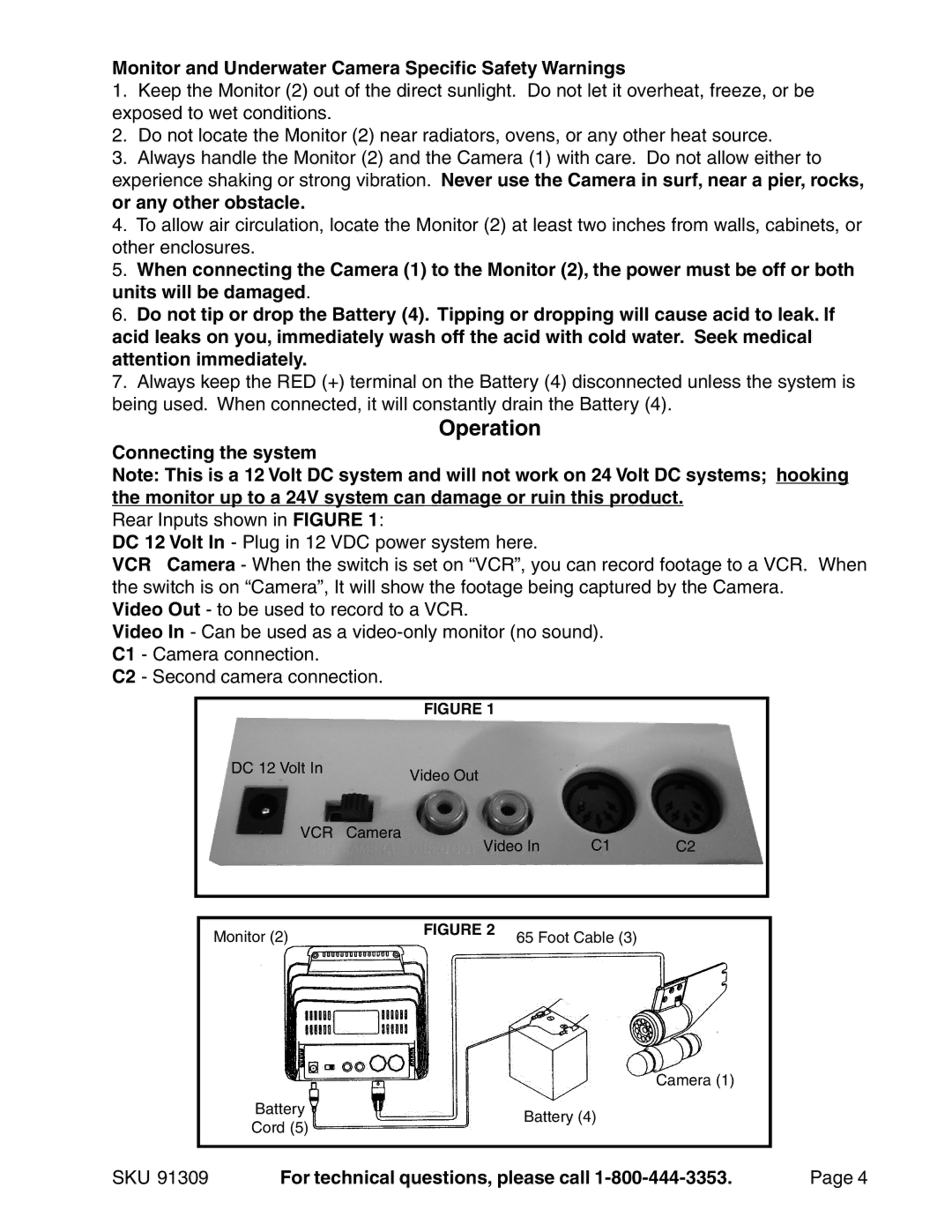 Harbor Freight Tools 91309 Operation, Monitor and Underwater Camera Specific Safety Warnings, Connecting the system 