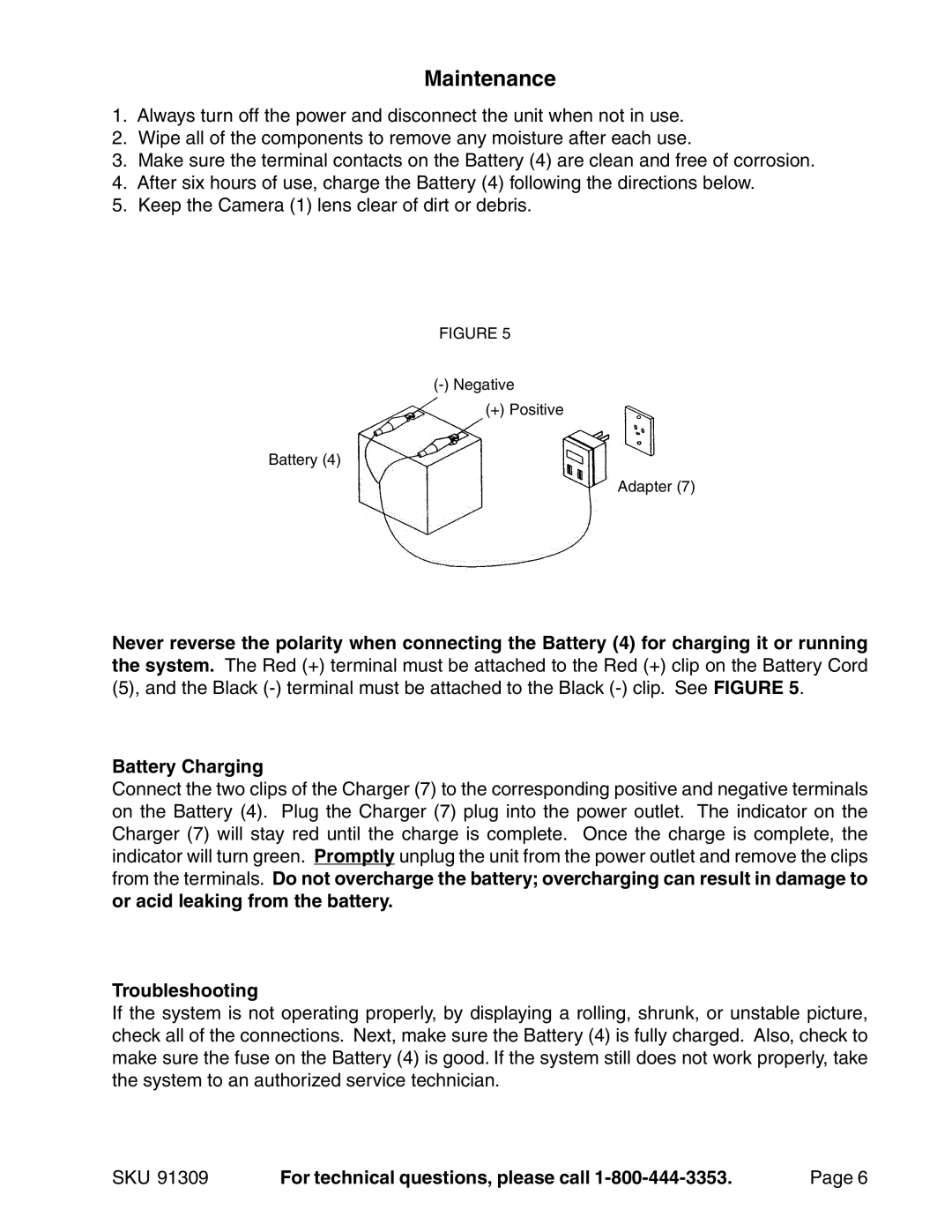 Harbor Freight Tools 91309 operating instructions Maintenance, Battery Charging, Troubleshooting 