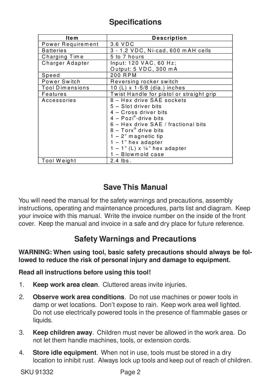 Harbor Freight Tools 91332 operating instructions Specifications, Save This Manual, Safety Warnings and Precautions 