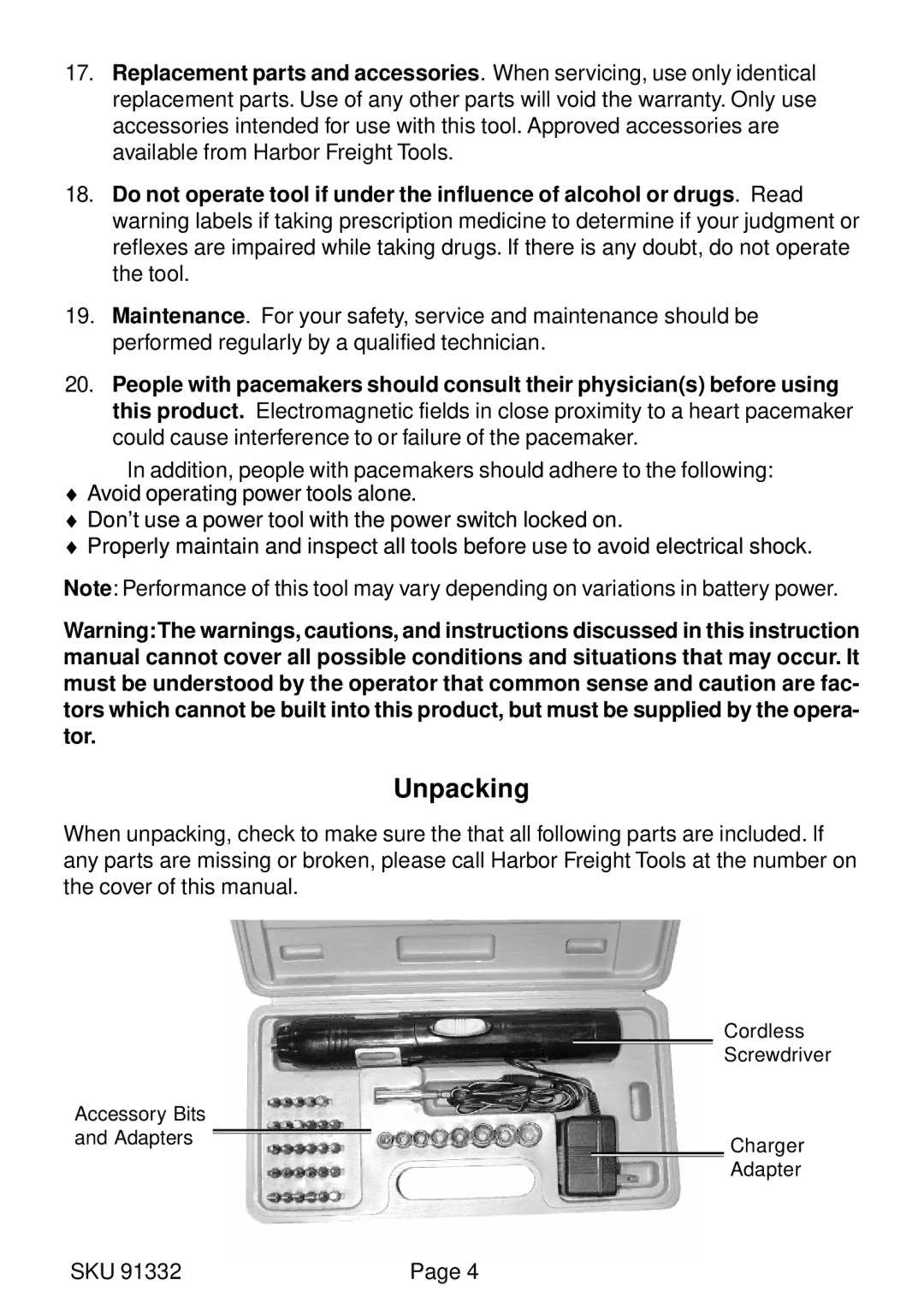 Harbor Freight Tools 91332 operating instructions Unpacking 