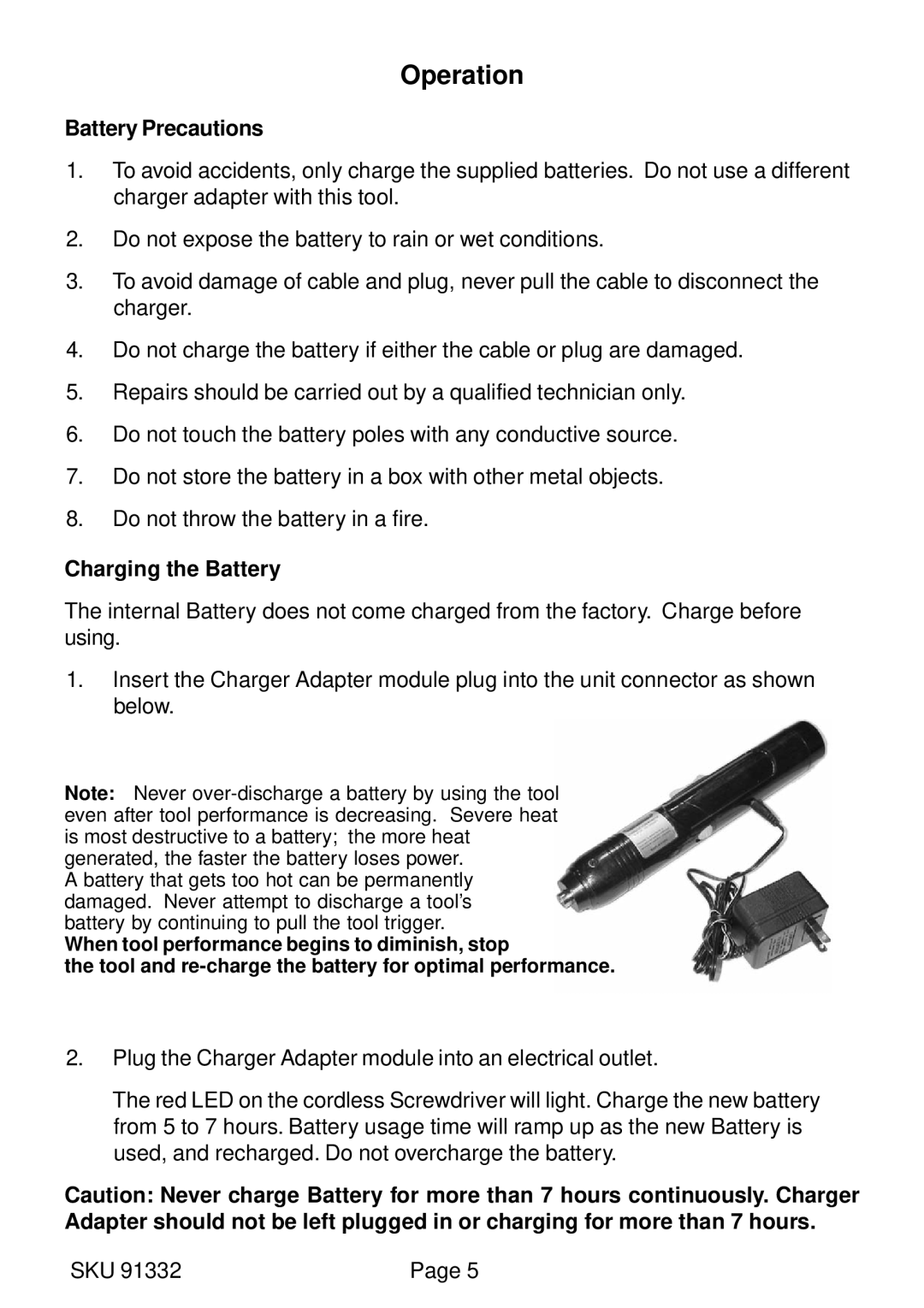 Harbor Freight Tools 91332 operating instructions Operation, Battery Precautions, Charging the Battery 