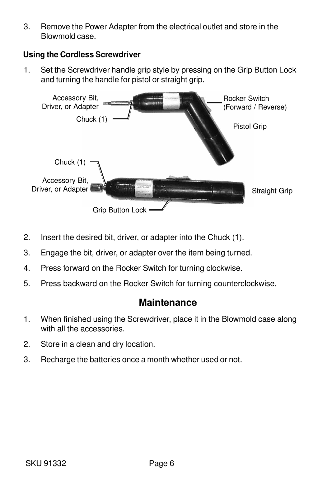 Harbor Freight Tools 91332 operating instructions Maintenance, Using the Cordless Screwdriver 