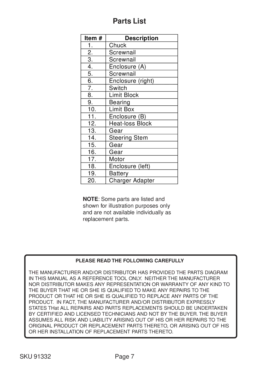 Harbor Freight Tools 91332 operating instructions Parts List, Item # Description 