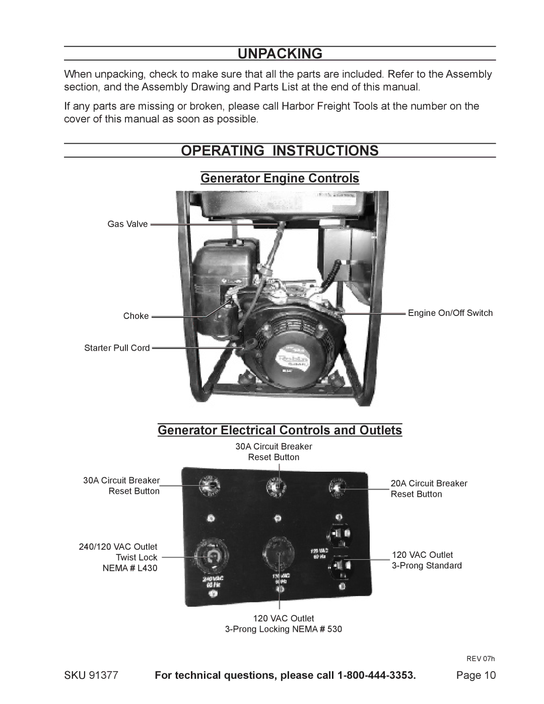 Harbor Freight Tools 91377 manual Unpacking, Operating Instructions, Generator Engine Controls 