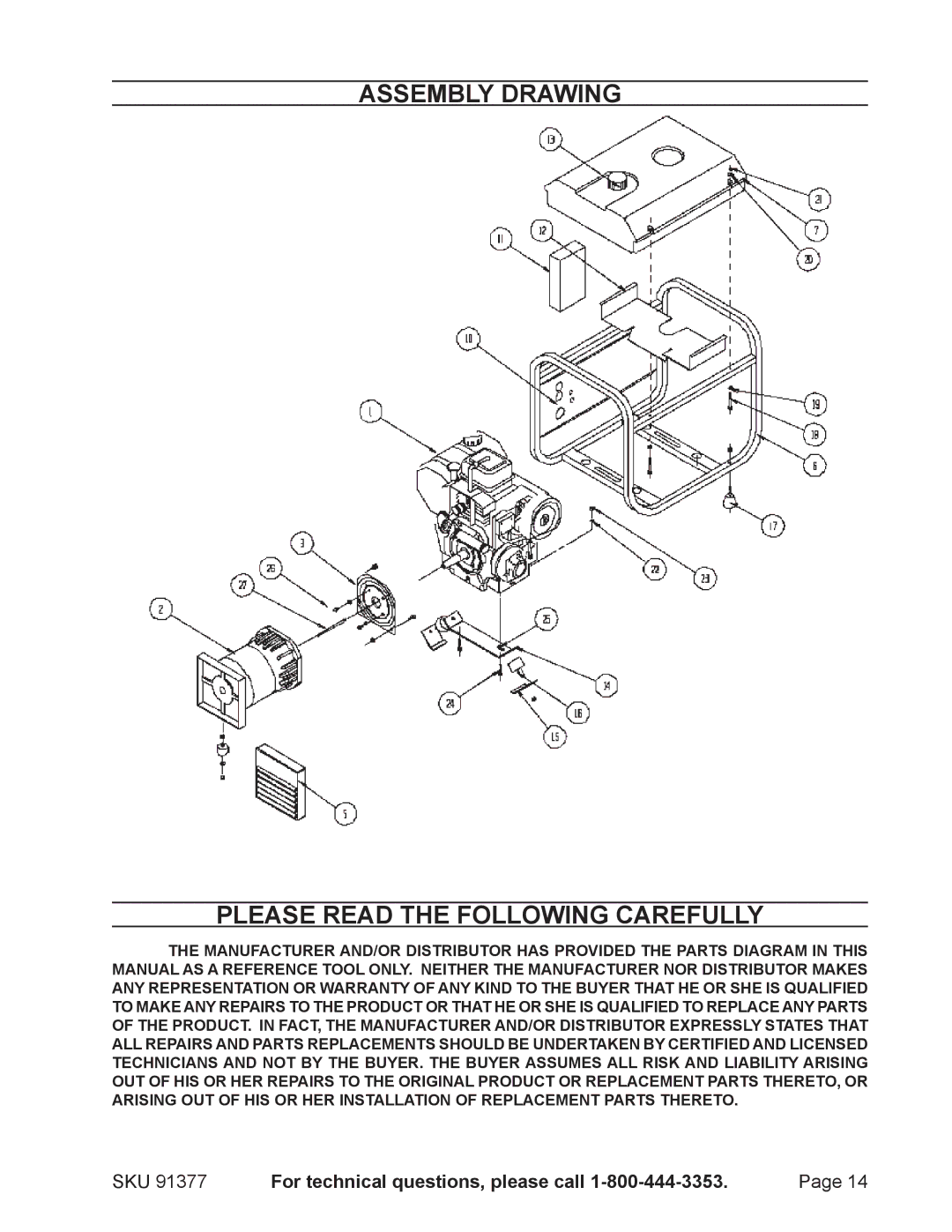 Harbor Freight Tools 91377 manual Assembly Drawing, Please Read the Following Carefully 