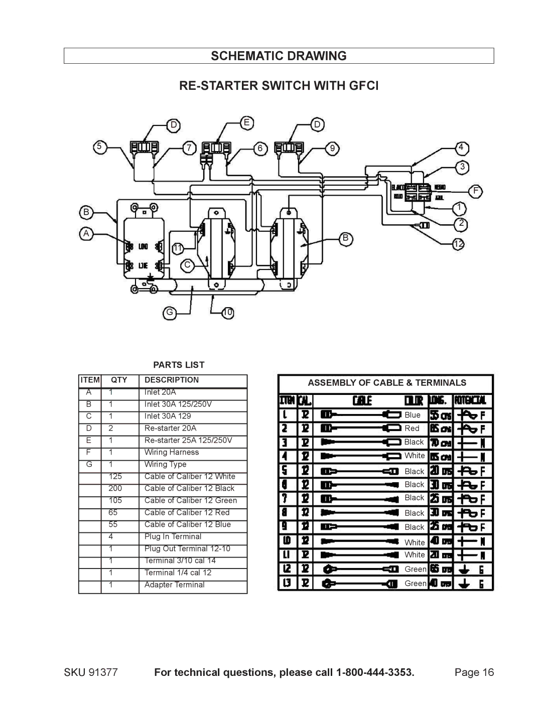 Harbor Freight Tools 91377 manual Schematic Drawing RE-STARTER Switch with Gfci 