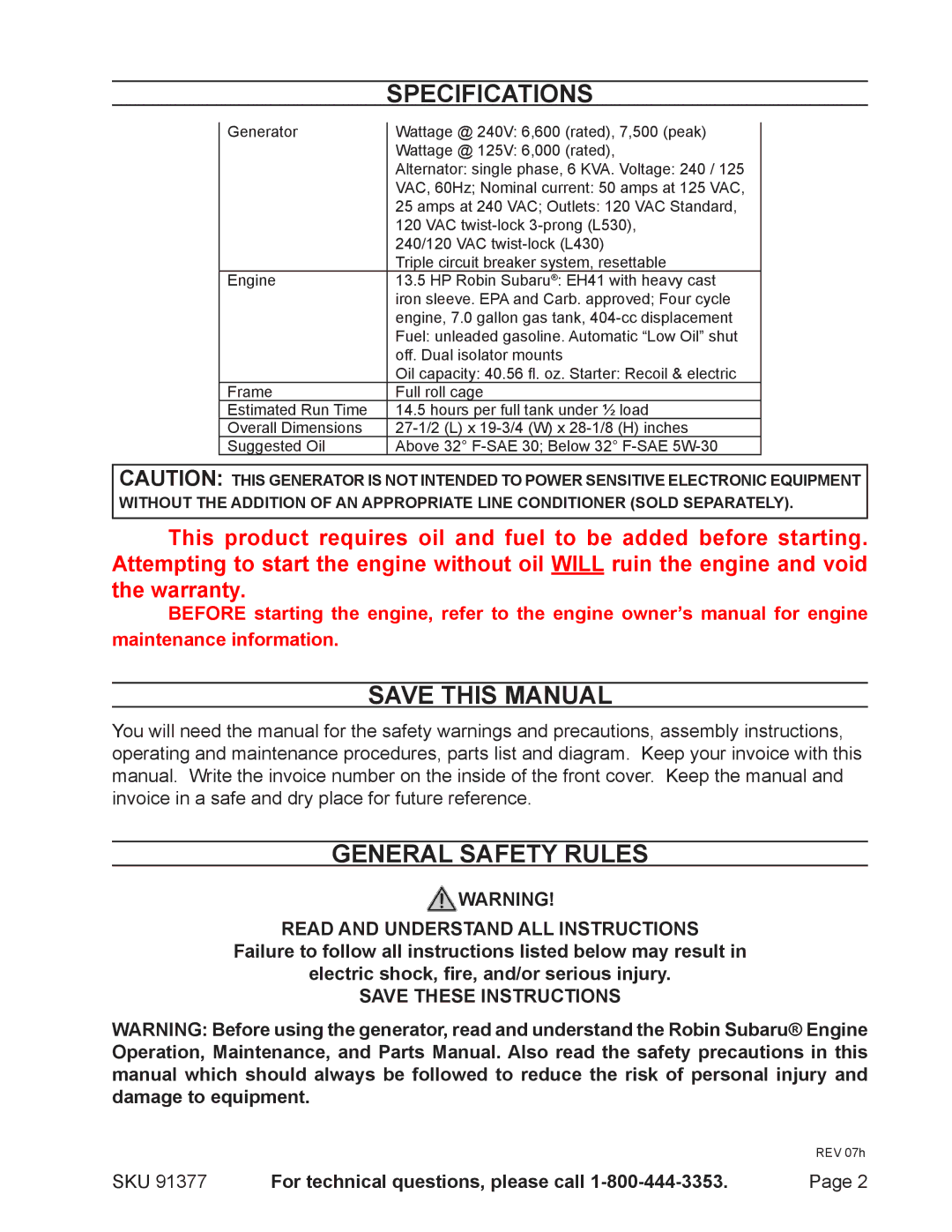 Harbor Freight Tools 91377 manual Specifications, Save This Manual, General Safety Rules 