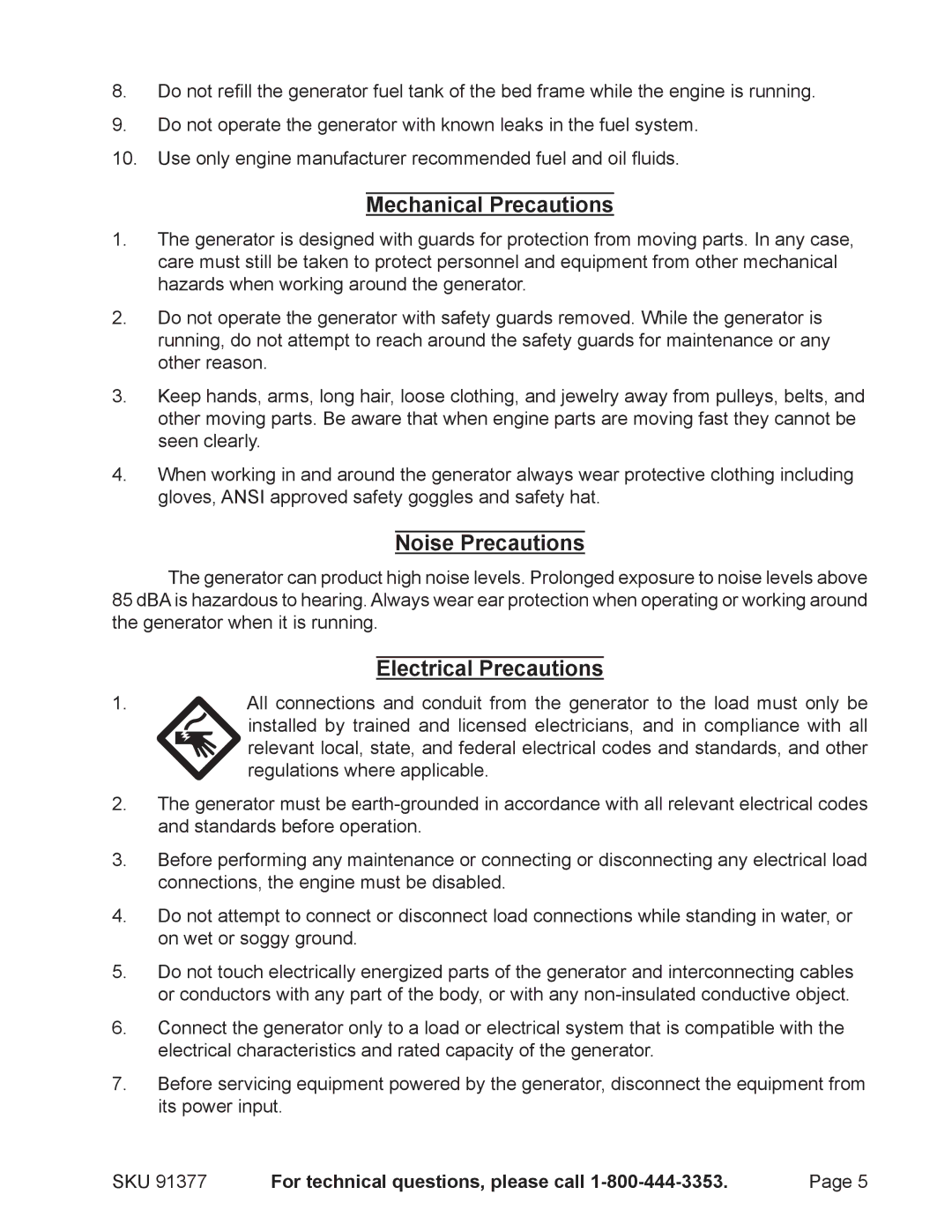 Harbor Freight Tools 91377 manual Mechanical Precautions, Noise Precautions, Electrical Precautions 