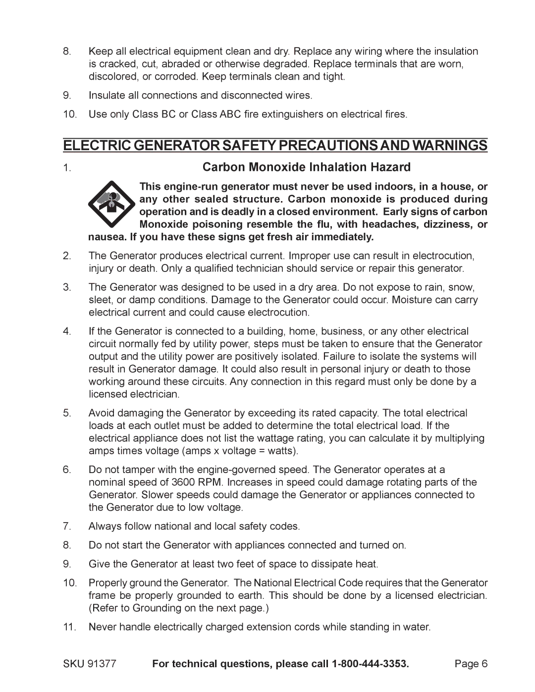 Harbor Freight Tools 91377 manual Electric Generator Safety Precautions and Warnings, Carbon Monoxide Inhalation Hazard 