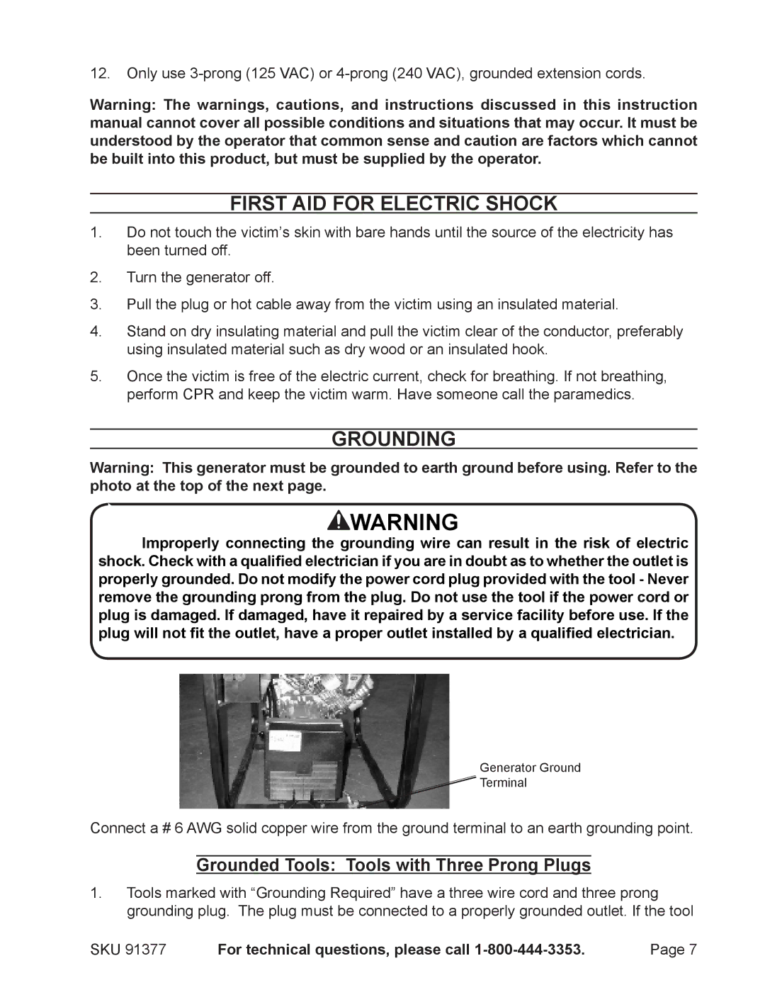 Harbor Freight Tools 91377 manual First Aid for Electric Shock, Grounding, Grounded Tools Tools with Three Prong Plugs 