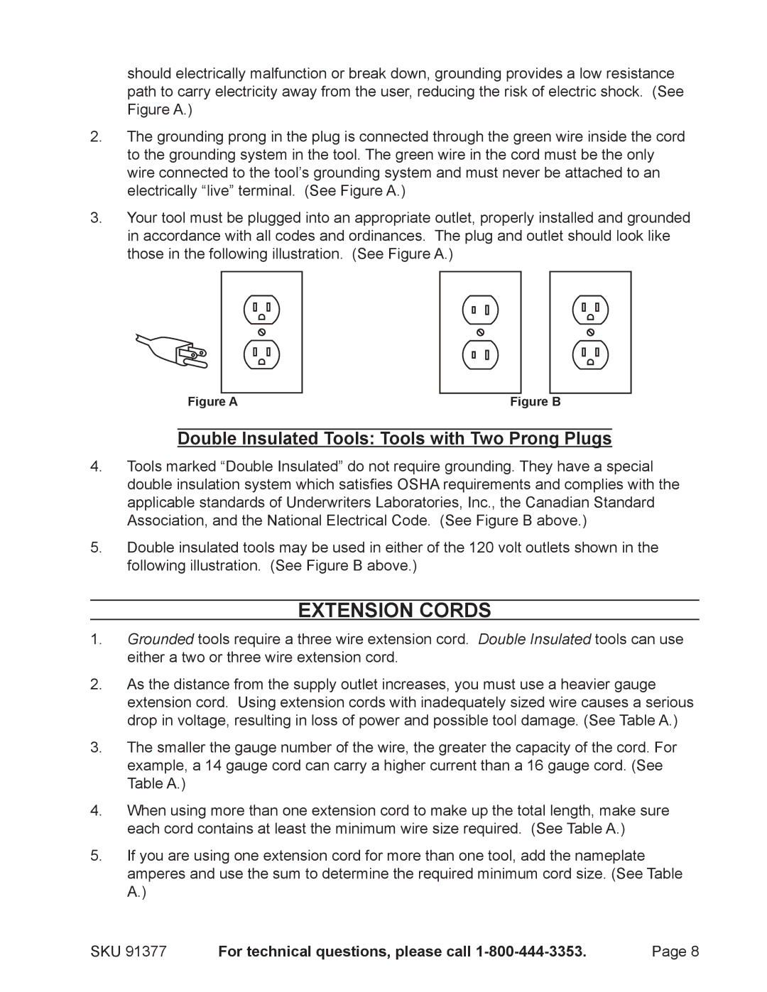 Harbor Freight Tools 91377 manual Extension Cords, Double Insulated Tools Tools with Two Prong Plugs 