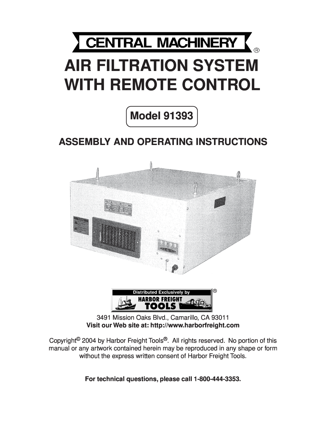 Harbor Freight Tools 91393 manual Air Filtration System With Remote Control, Model, Assembly And Operating Instructions 