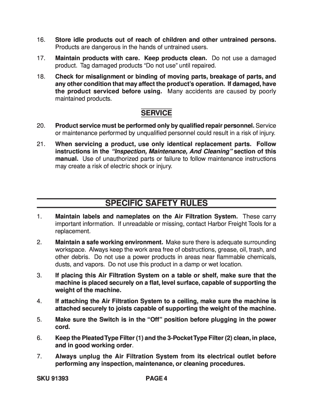 Harbor Freight Tools 91393 manual Specific Safety Rules, Service 