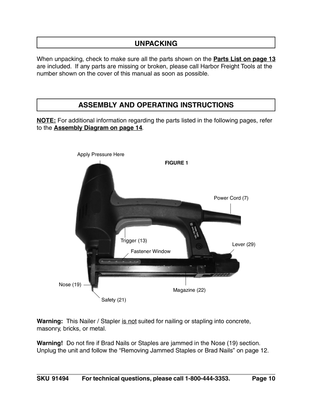 Harbor Freight Tools 91494 operating instructions Unpacking, Assembly and Operating Instructions 