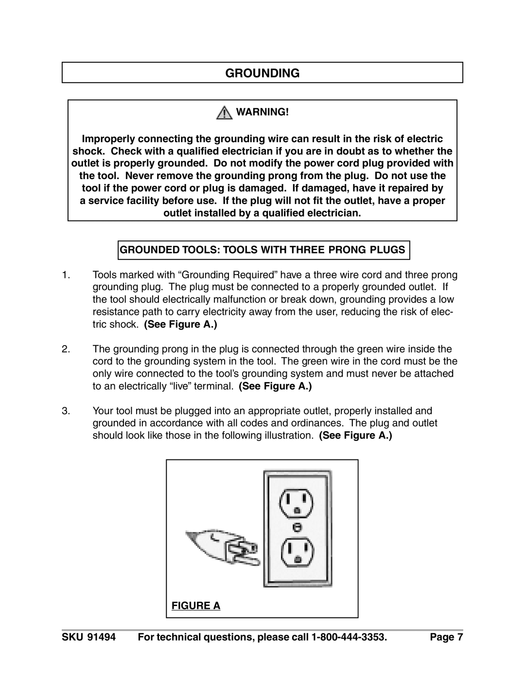 Harbor Freight Tools 91494 operating instructions Grounding, Grounded Tools Tools with Three Prong Plugs 