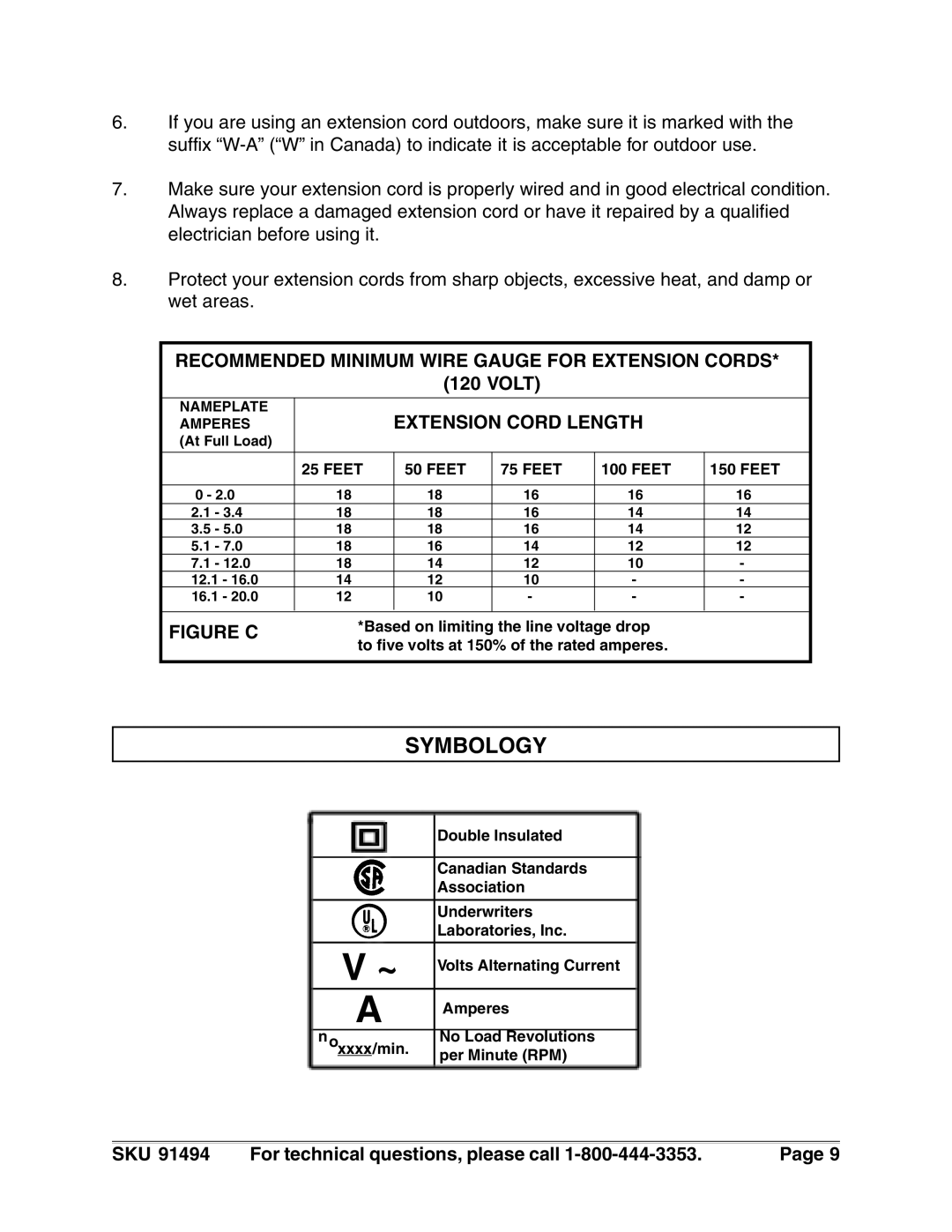 Harbor Freight Tools 91494 operating instructions Symbology, Extension Cord Length 