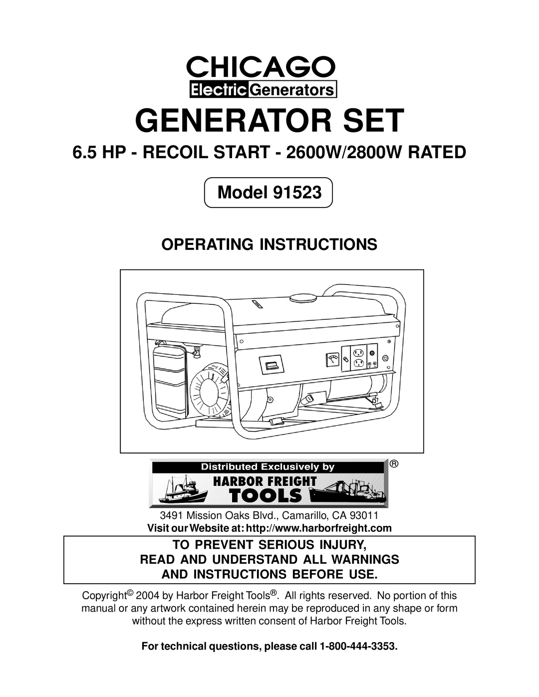 Harbor Freight Tools 91523 manual Generator SET, For technical questions, please call 