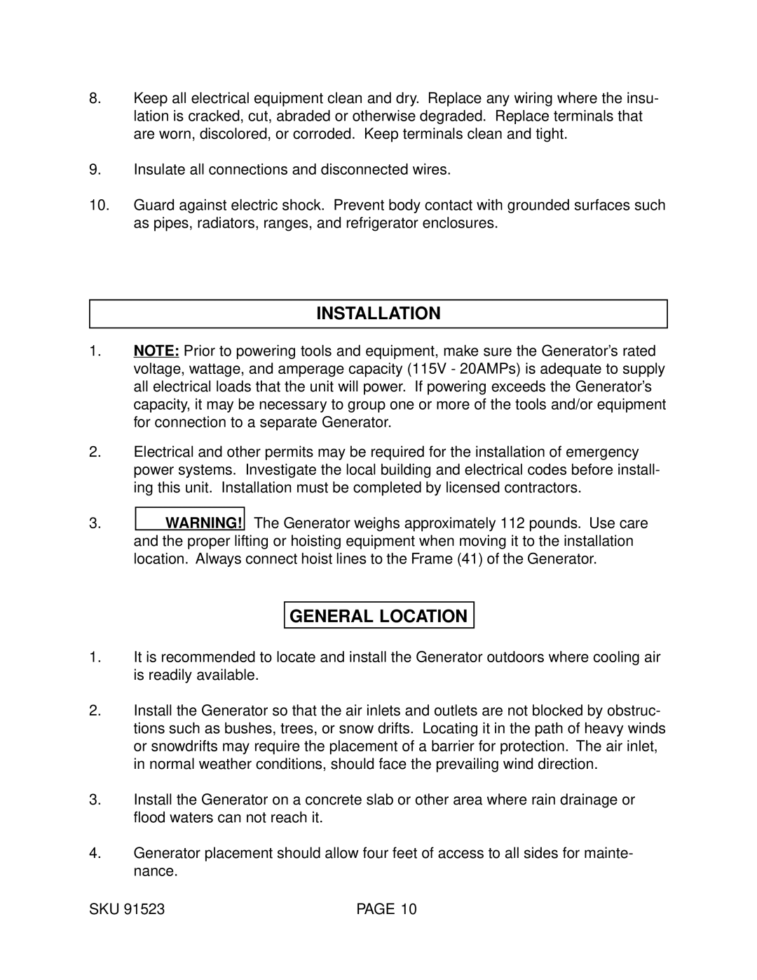 Harbor Freight Tools 91523 manual Installation, General Location 