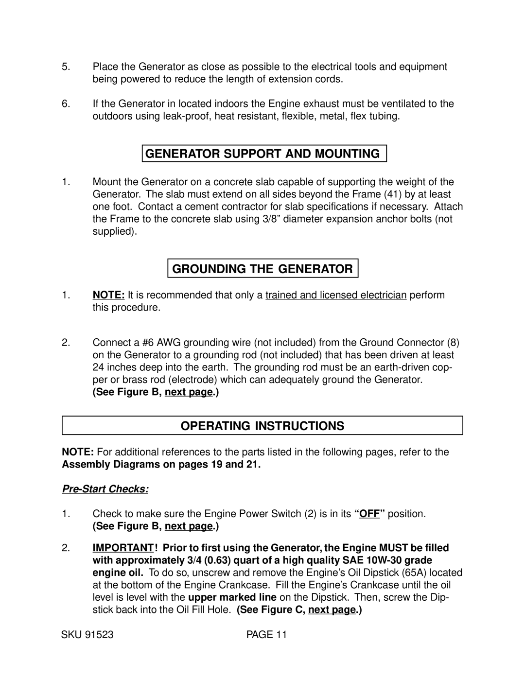 Harbor Freight Tools 91523 manual Generator Support and Mounting, Grounding the Generator, Operating Instructions 