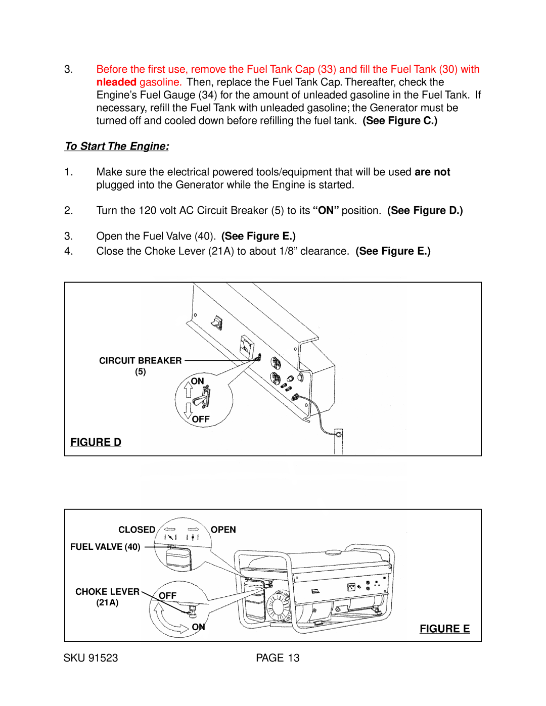 Harbor Freight Tools 91523 manual To Start The Engine 