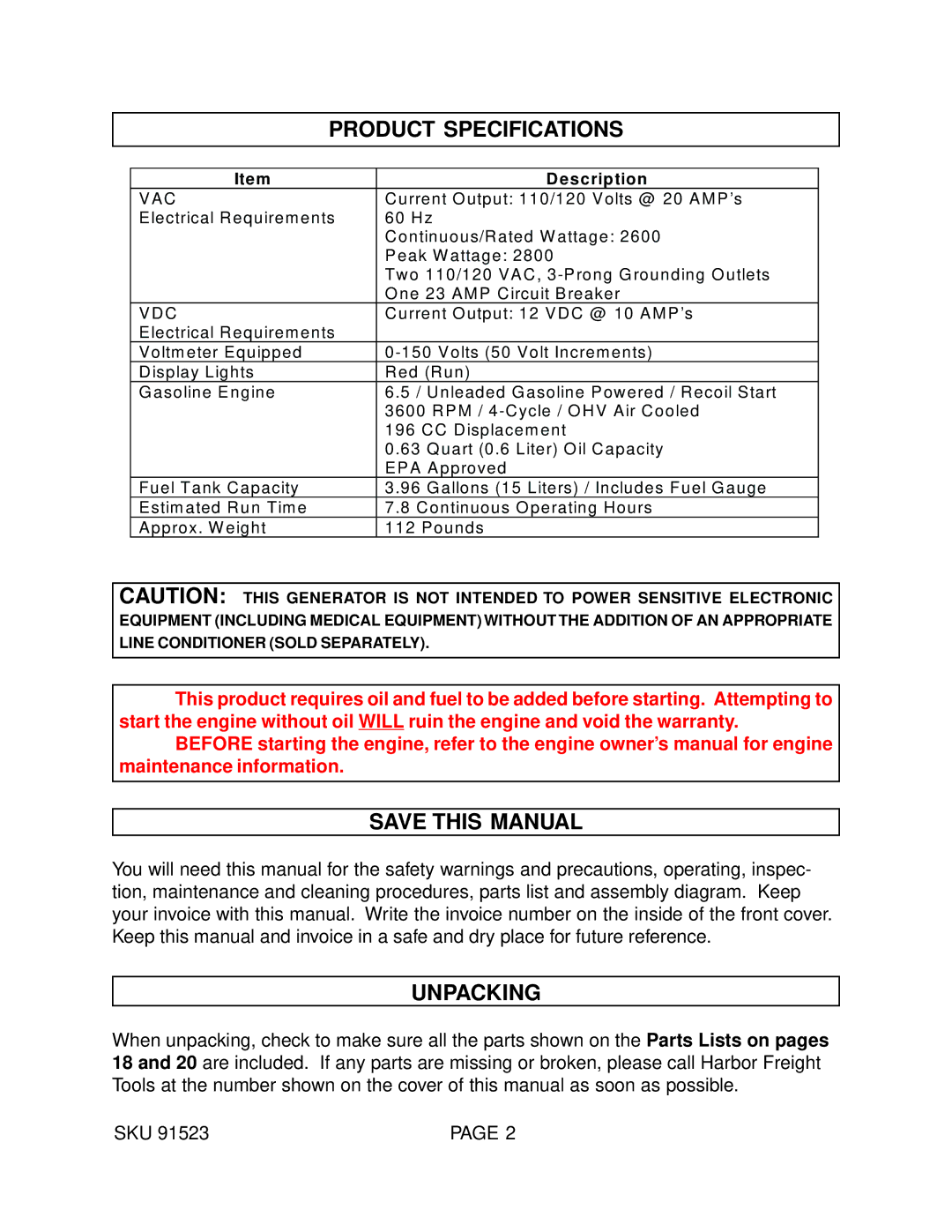 Harbor Freight Tools 91523 manual Product Specifications, Save this Manual, Unpacking 