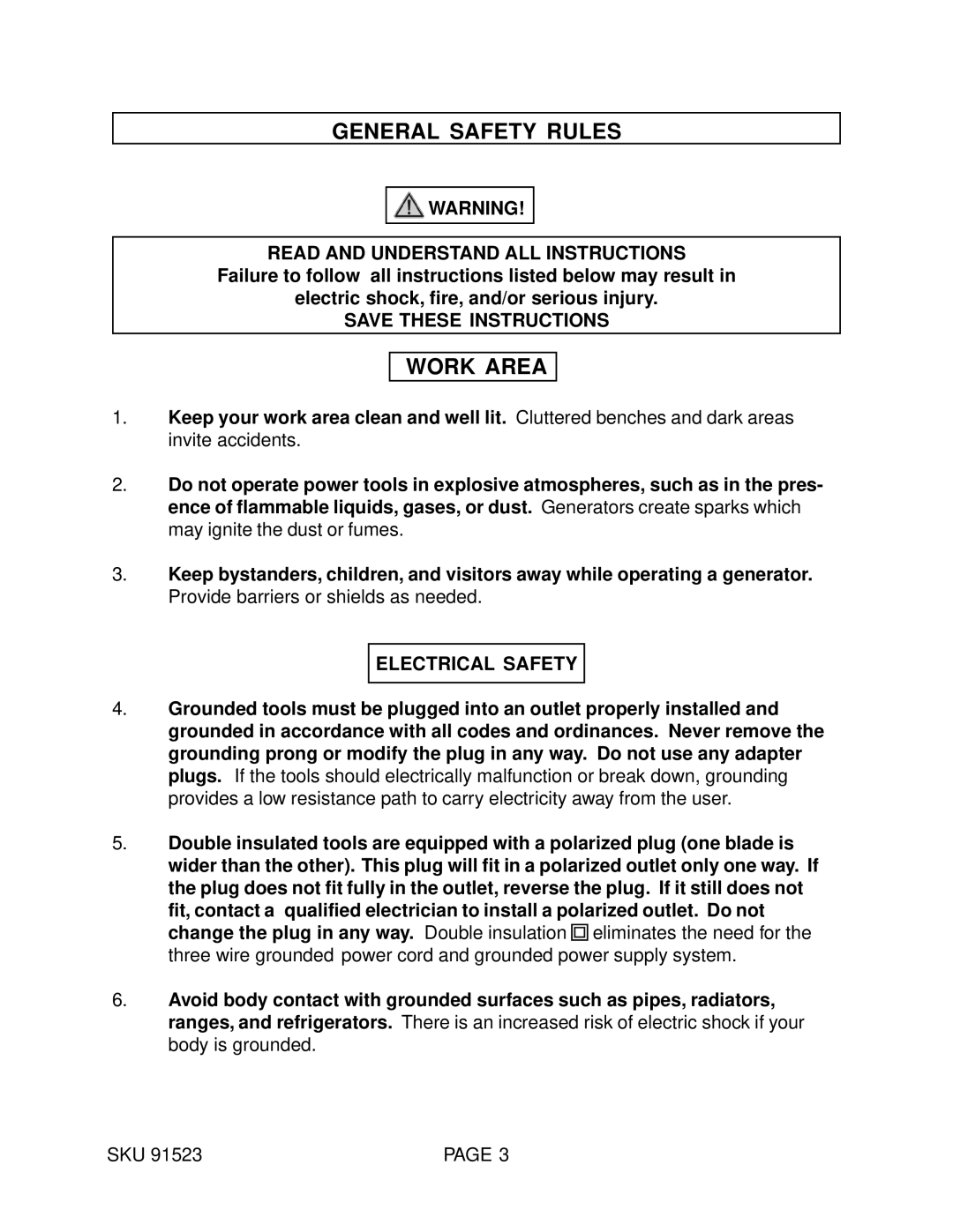 Harbor Freight Tools 91523 manual General Safety Rules, Work Area, Read and Understand ALL Instructions, Electrical Safety 