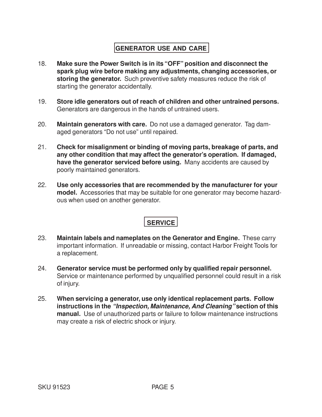 Harbor Freight Tools 91523 manual Generator USE and Care, Service 