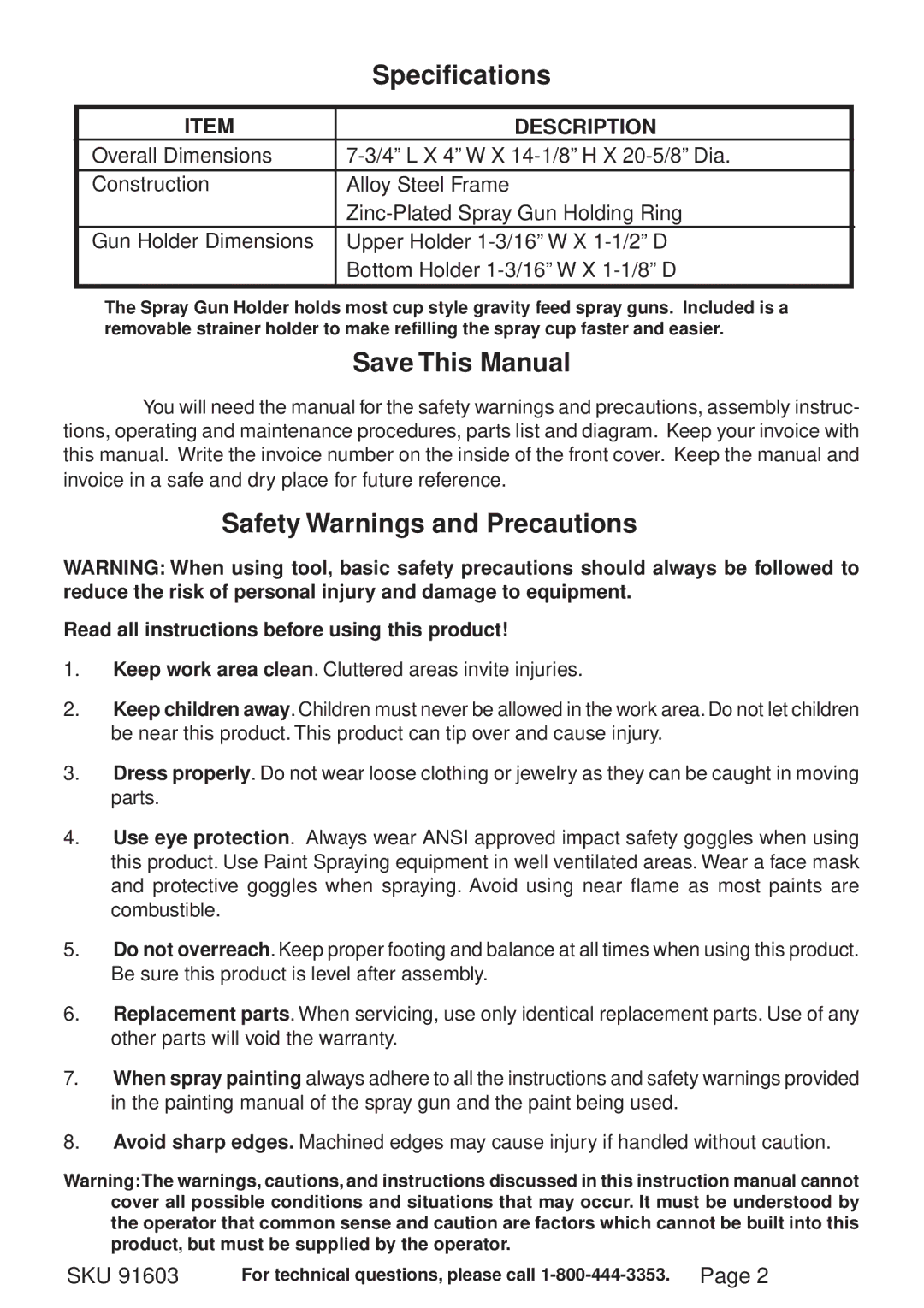 Harbor Freight Tools 91603 operating instructions Specifications, Save This Manual, Safety Warnings and Precautions 