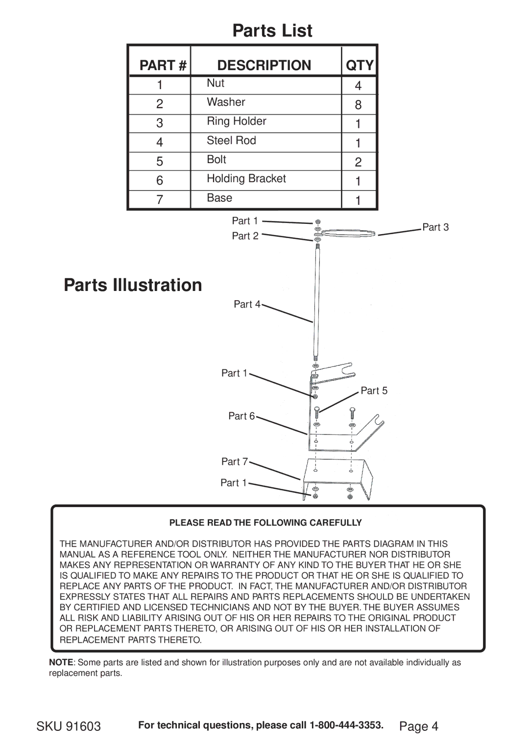 Harbor Freight Tools 91603 operating instructions Parts List 