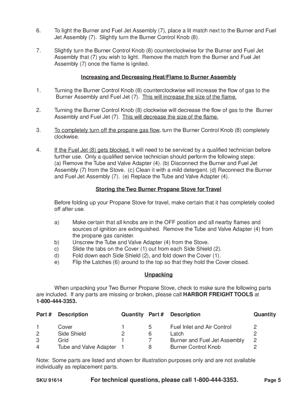 Harbor Freight Tools 91614 manual Increasing and Decreasing Heat/Flame to Burner Assembly, Unpacking, Description Quantity 