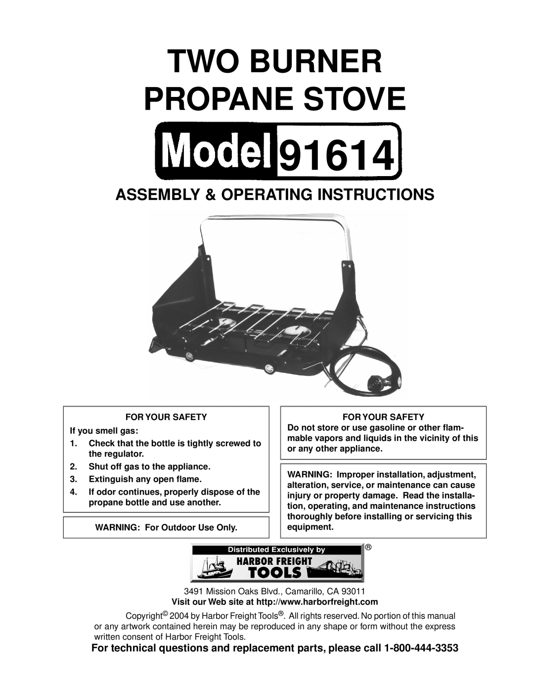 Harbor Freight Tools 91614 manual For technical questions and replacement parts, please call, Two Burner Propane Stove 