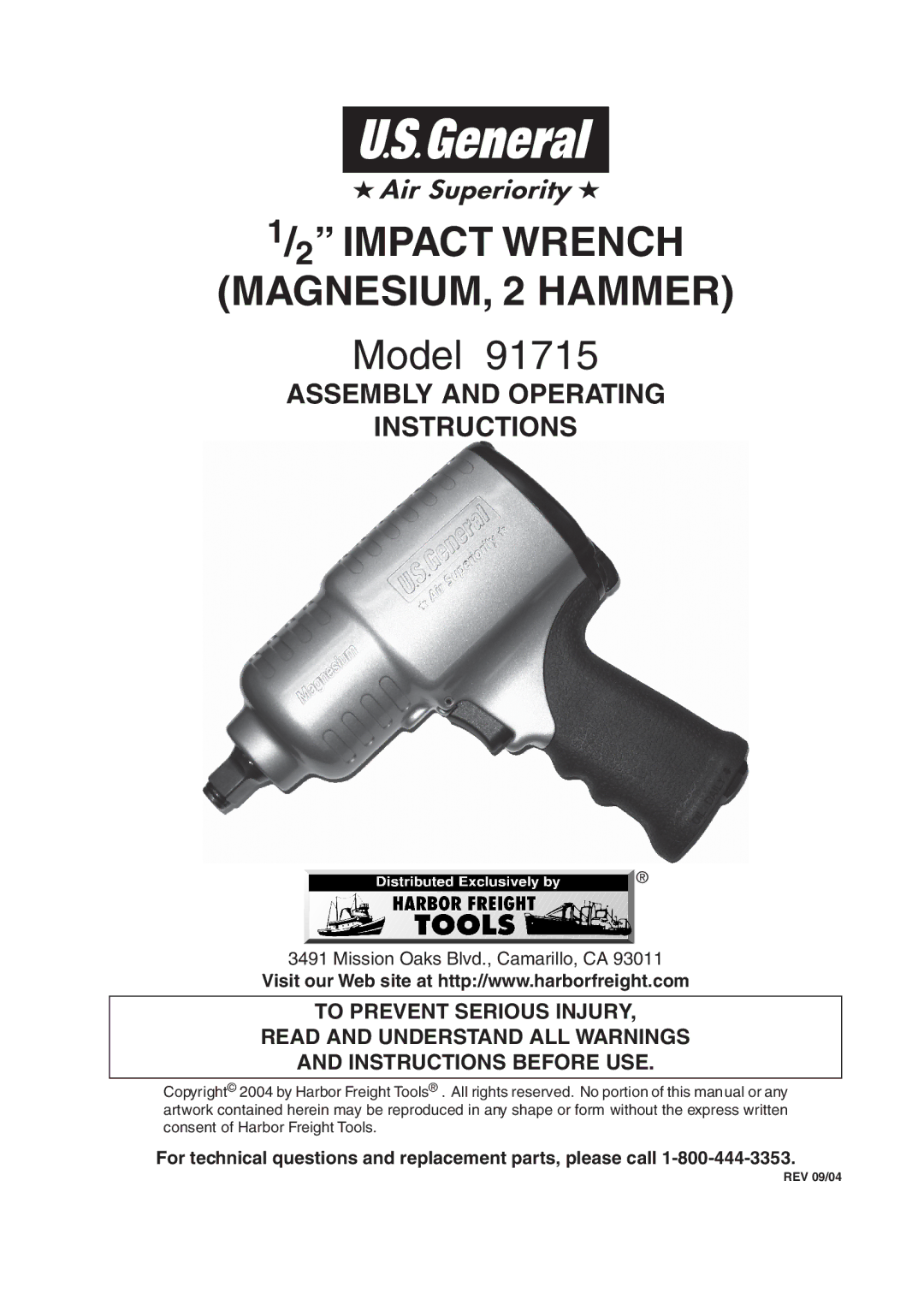 Harbor Freight Tools 91715 operating instructions Impact Wrench MAGNESIUM, 2 Hammer 