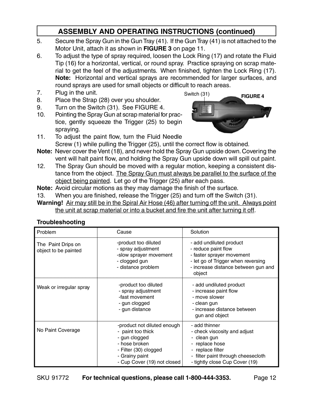 Harbor Freight Tools 91772 operating instructions Troubleshooting 