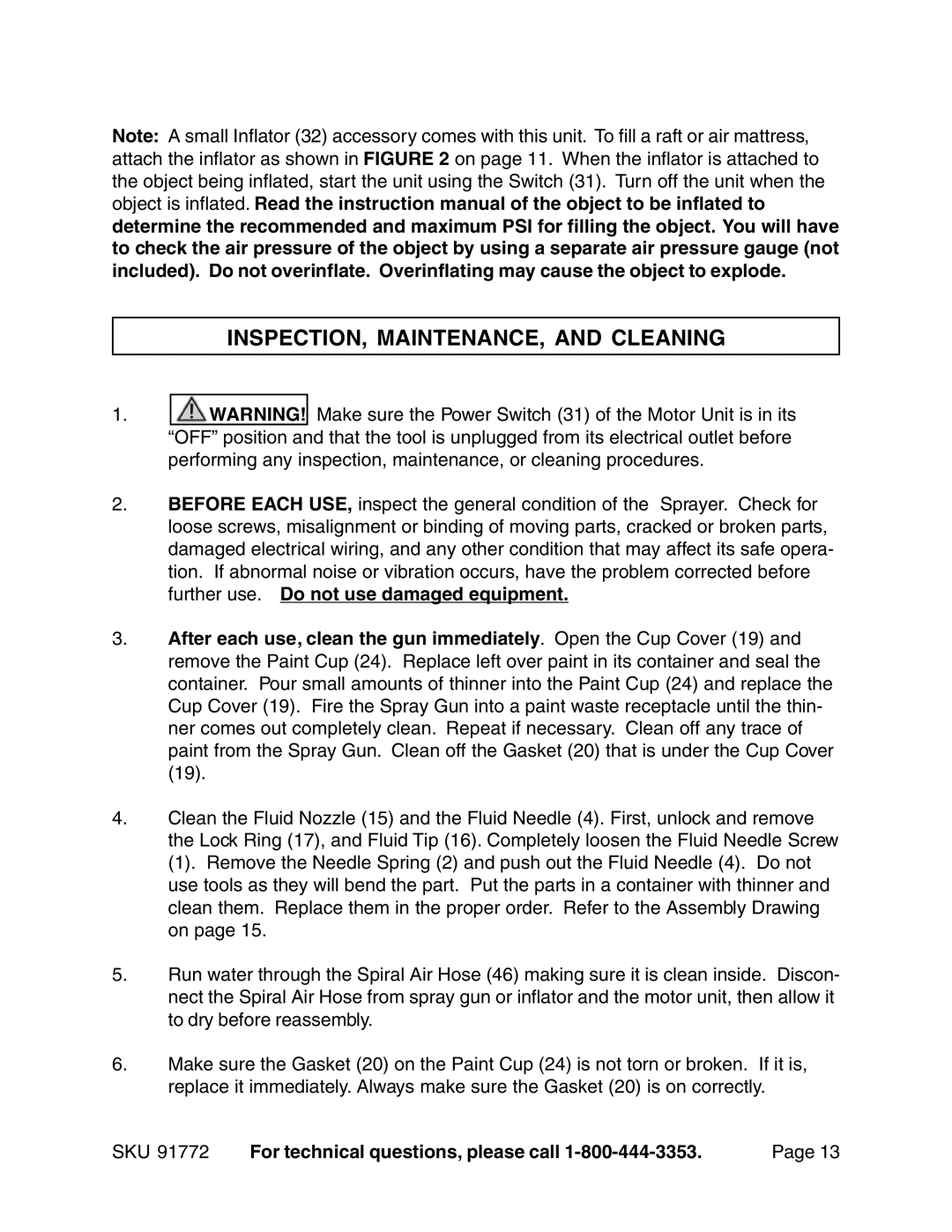 Harbor Freight Tools 91772 operating instructions INSPECTION, MAINTENANCE, and Cleaning 