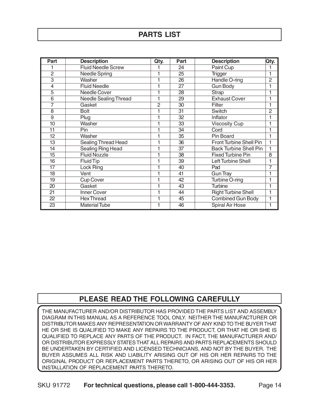 Harbor Freight Tools 91772 operating instructions Parts List, Please Read the Following Carefully 