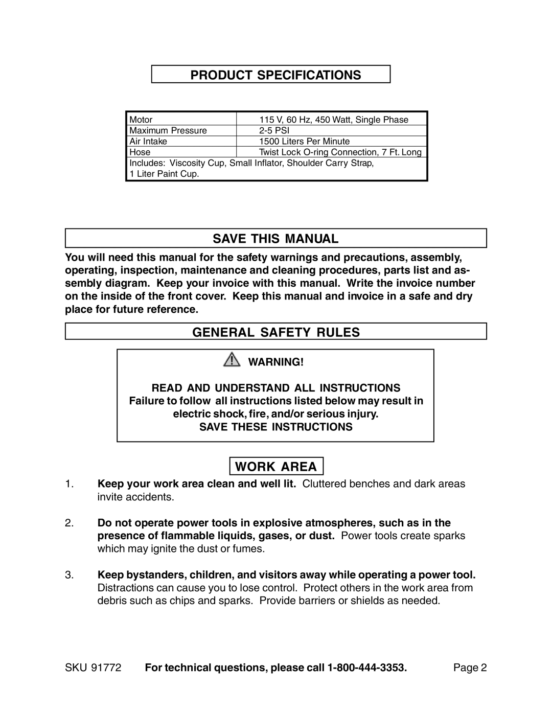 Harbor Freight Tools 91772 operating instructions Product Specifications, Save this Manual, General Safety Rules, Work Area 