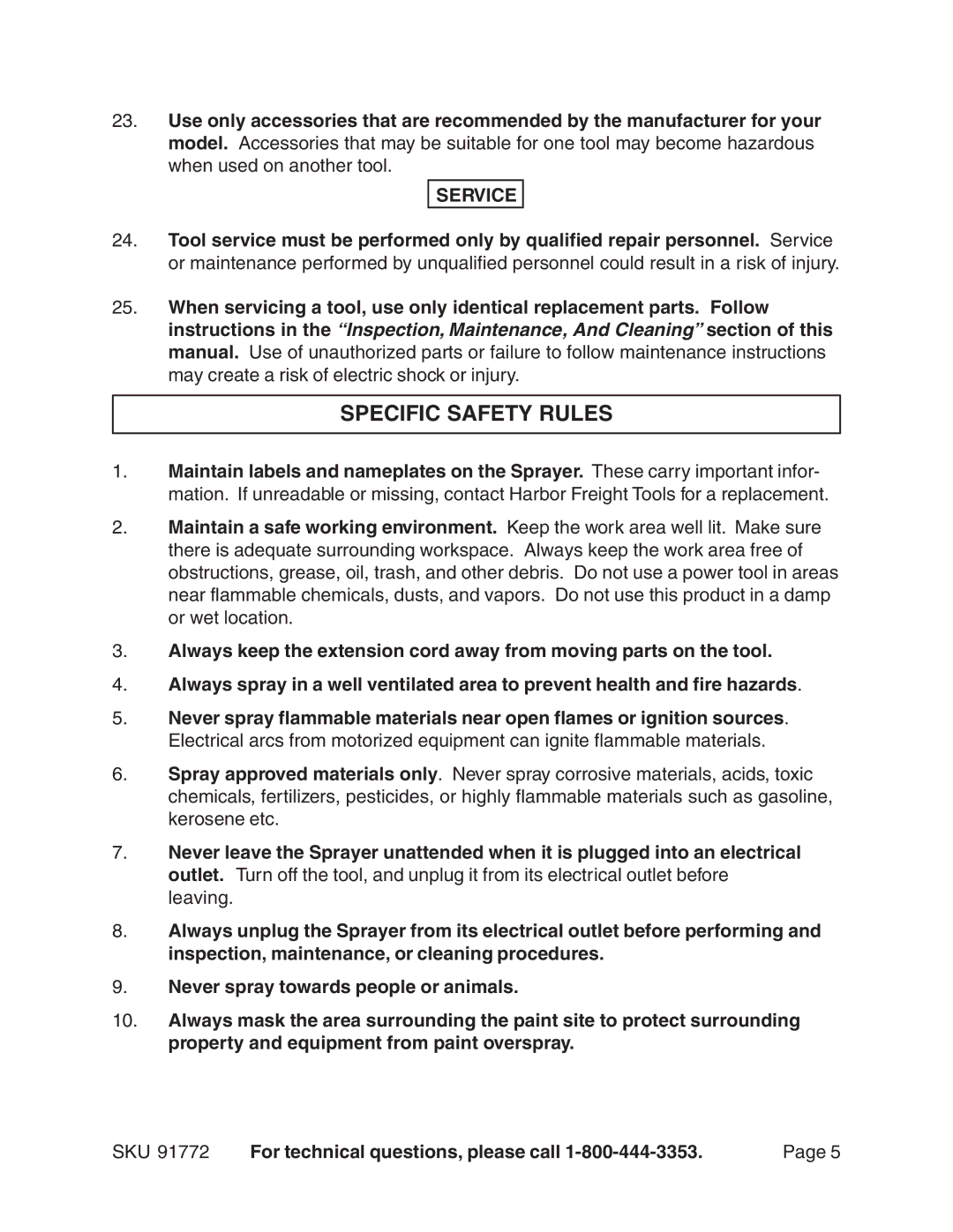 Harbor Freight Tools 91772 operating instructions Specific Safety Rules, Service 