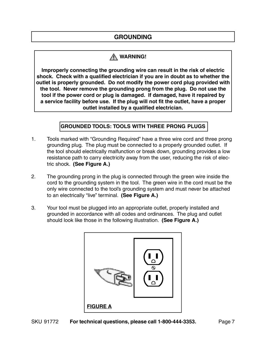 Harbor Freight Tools 91772 operating instructions Grounding, Grounded Tools Tools with Three Prong Plugs 