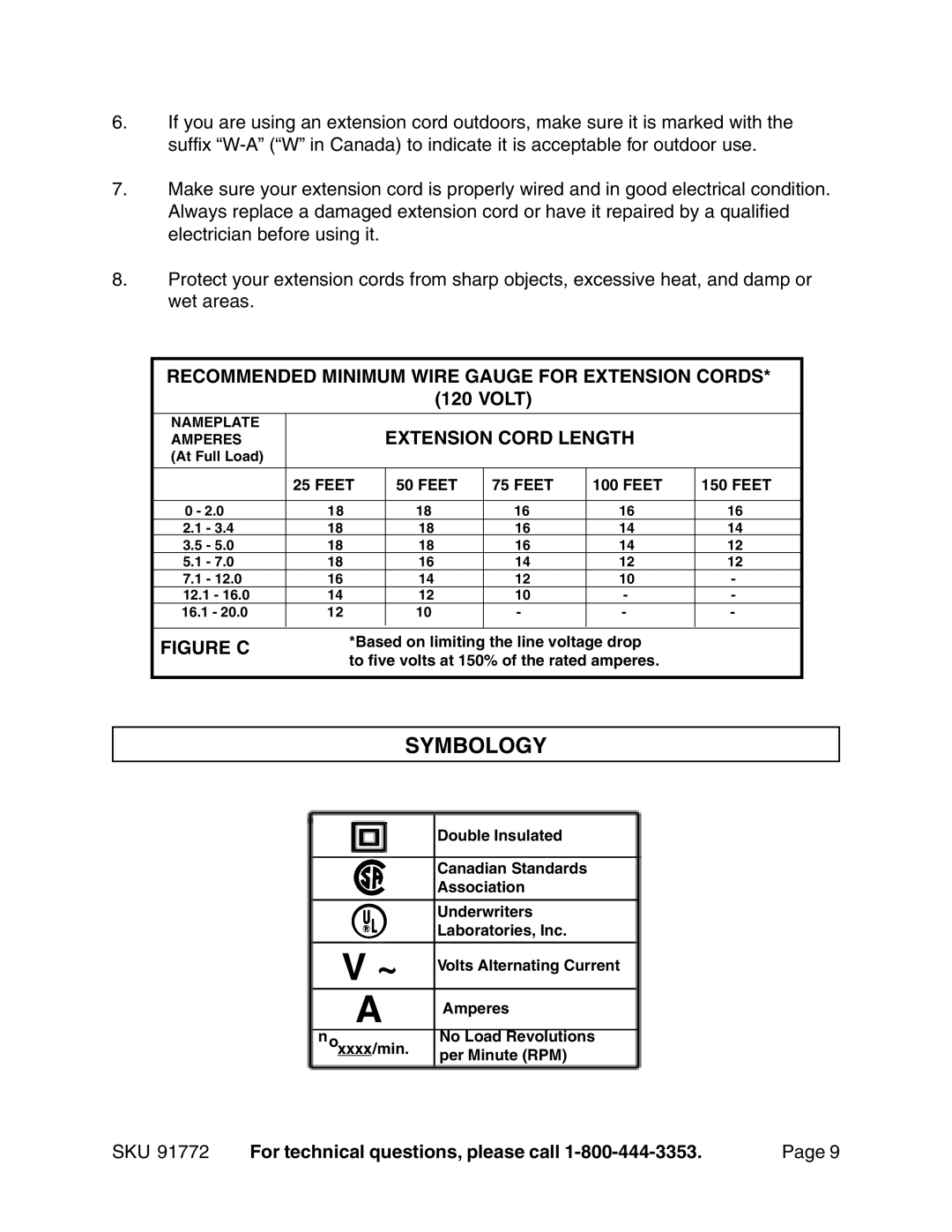 Harbor Freight Tools 91772 operating instructions Symbology, Extension Cord Length 