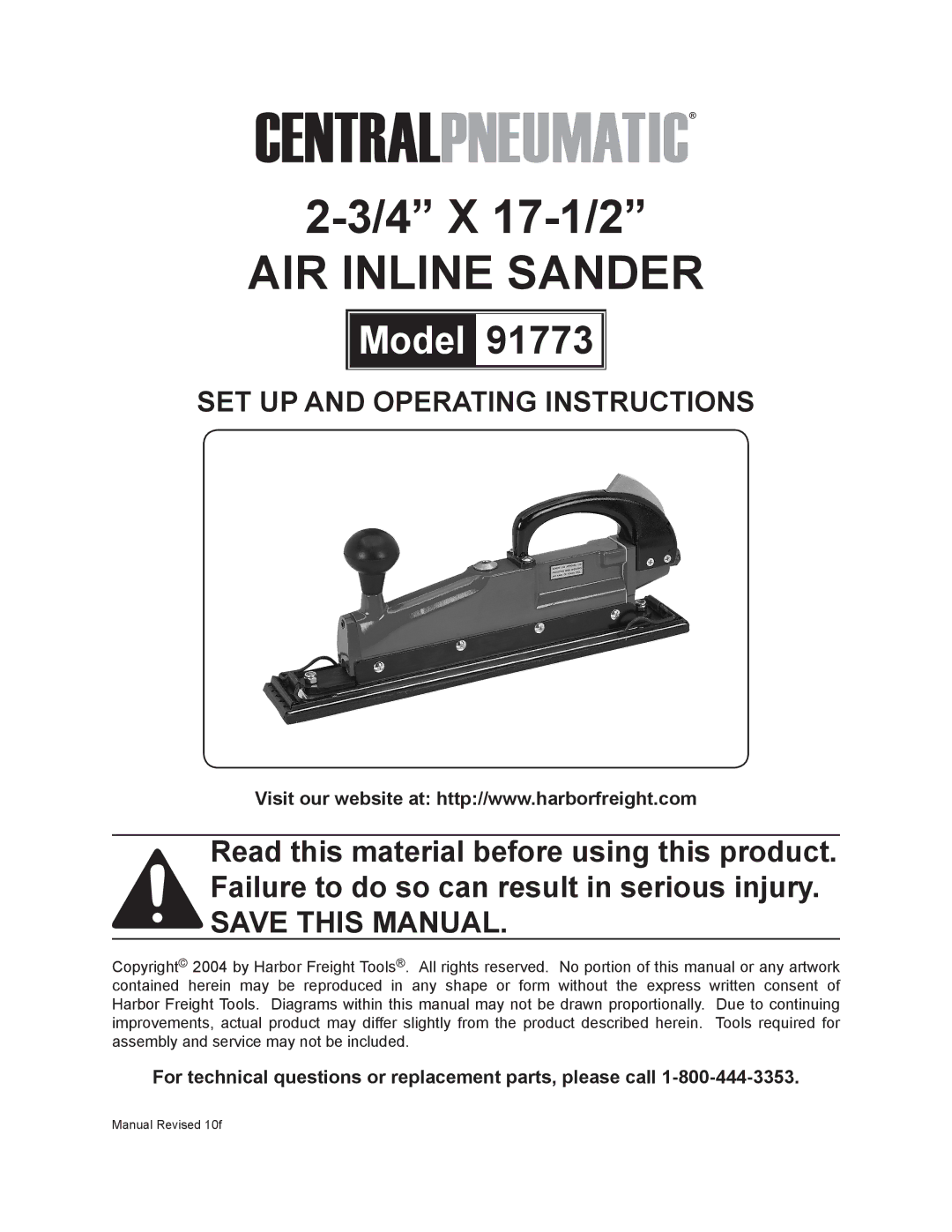 Harbor Freight Tools 91773 operating instructions 4 x 17-1/2 Air Inline Sander 