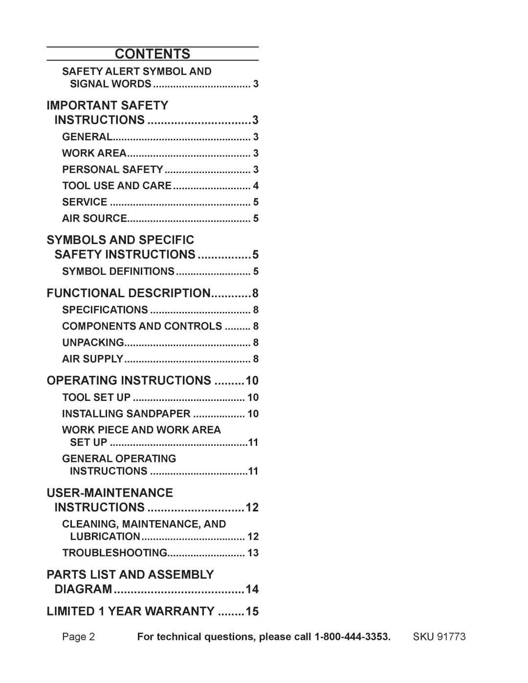 Harbor Freight Tools 91773 operating instructions Contents 