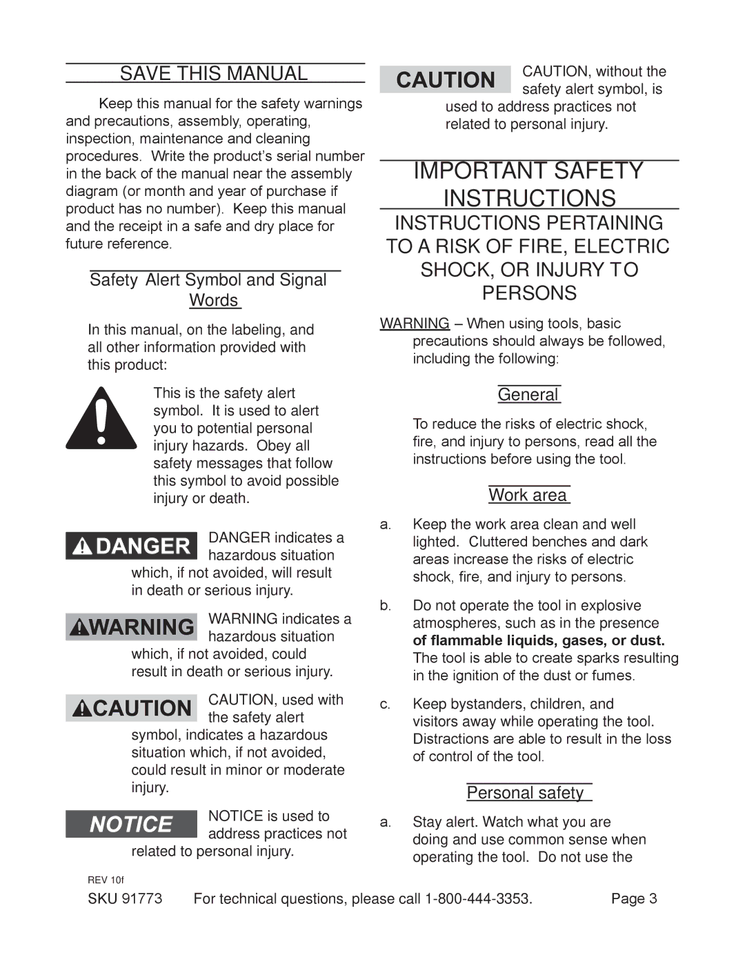 Harbor Freight Tools 91773 Save This Manual, Safety Alert Symbol and Signal Words, General, Work area, Personal safety 