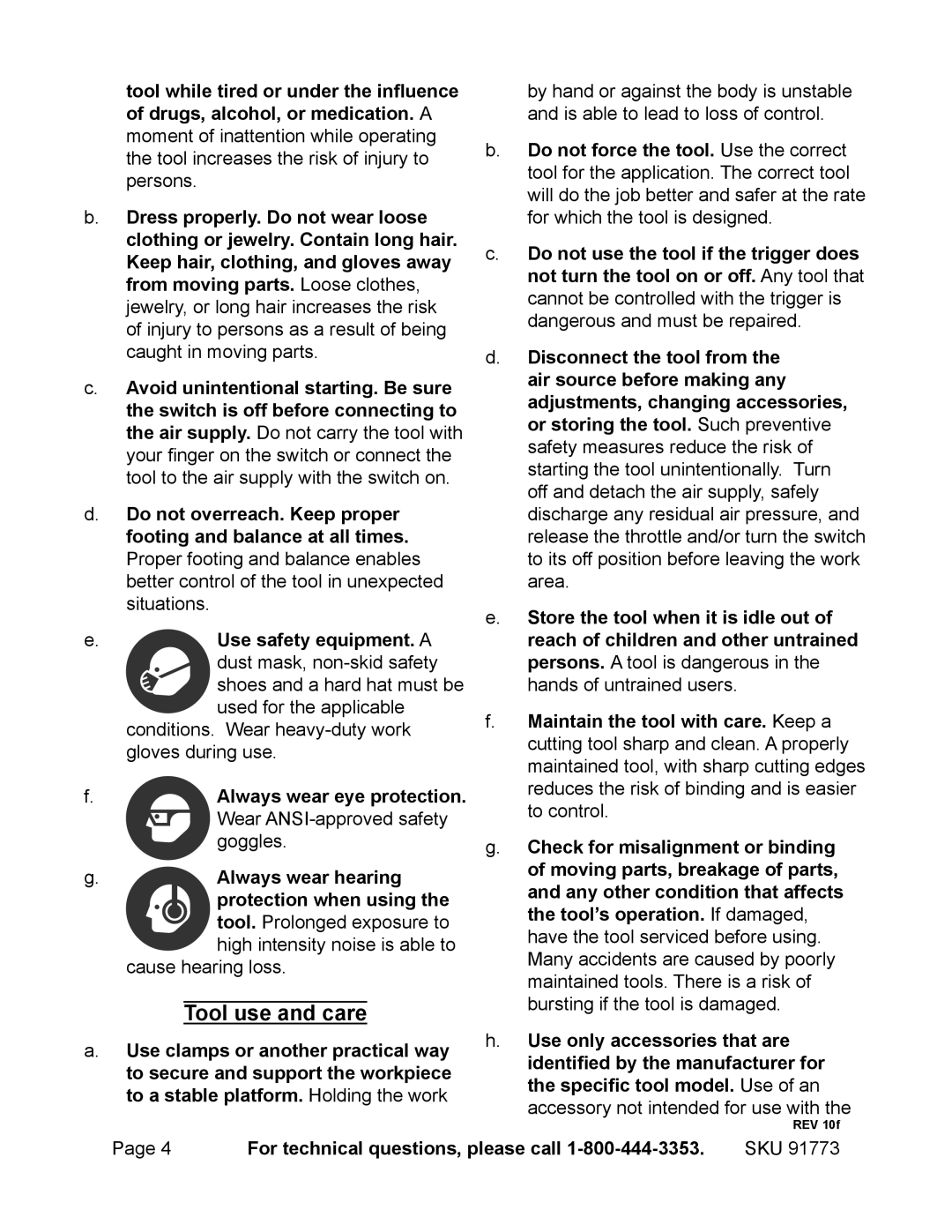 Harbor Freight Tools 91773 operating instructions Tool use and care 