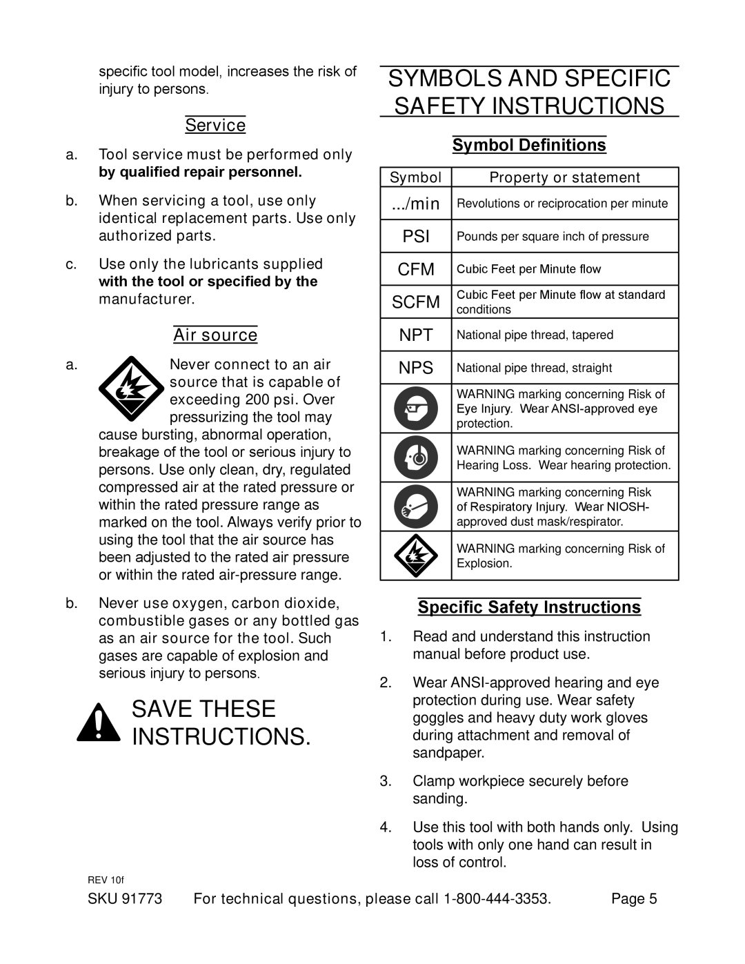 Harbor Freight Tools 91773 operating instructions Service, Air source, Min, Nps, Specific Safety Instructions 