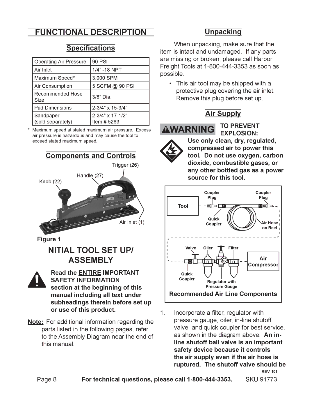 Harbor Freight Tools 91773 operating instructions Functional Description, Nitial Tool Set Up, Assembly 