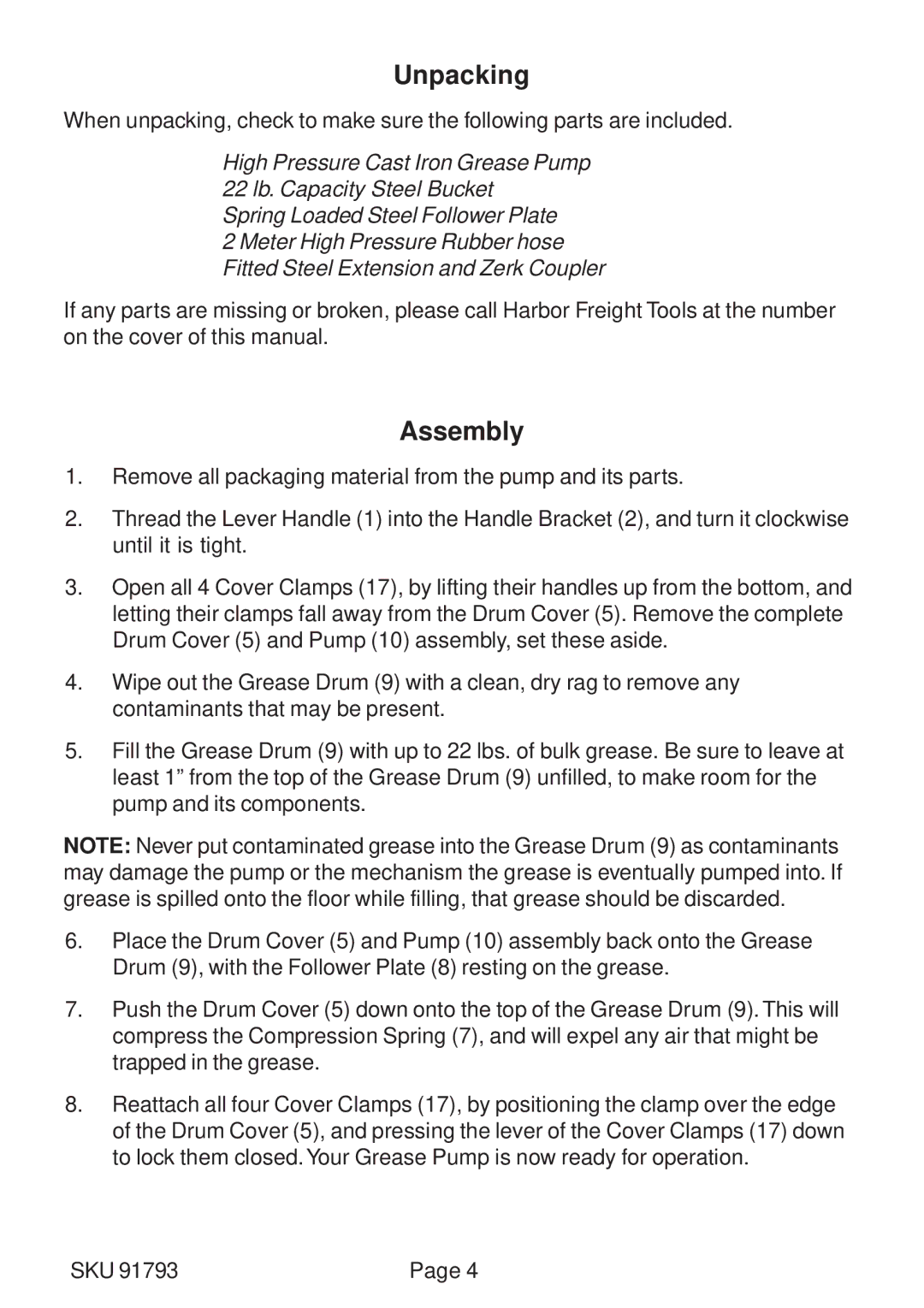 Harbor Freight Tools 91793 manual Unpacking, Assembly 