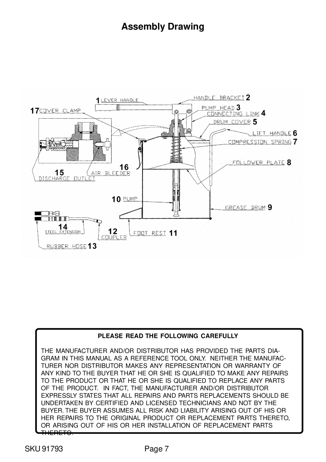 Harbor Freight Tools 91793 manual Assembly Drawing, Please Read the Following Carefully 